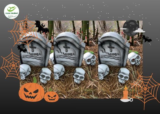 Không gian bia mộ và đầu lâu mang phong cách Halloween cổ điển