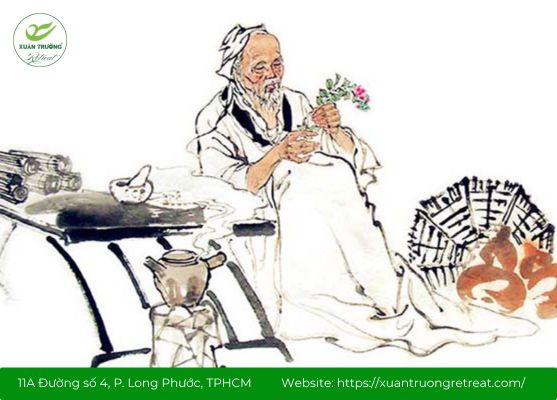 hình tượng một danh y cổ truyền đang nghiên cứu thảo dược